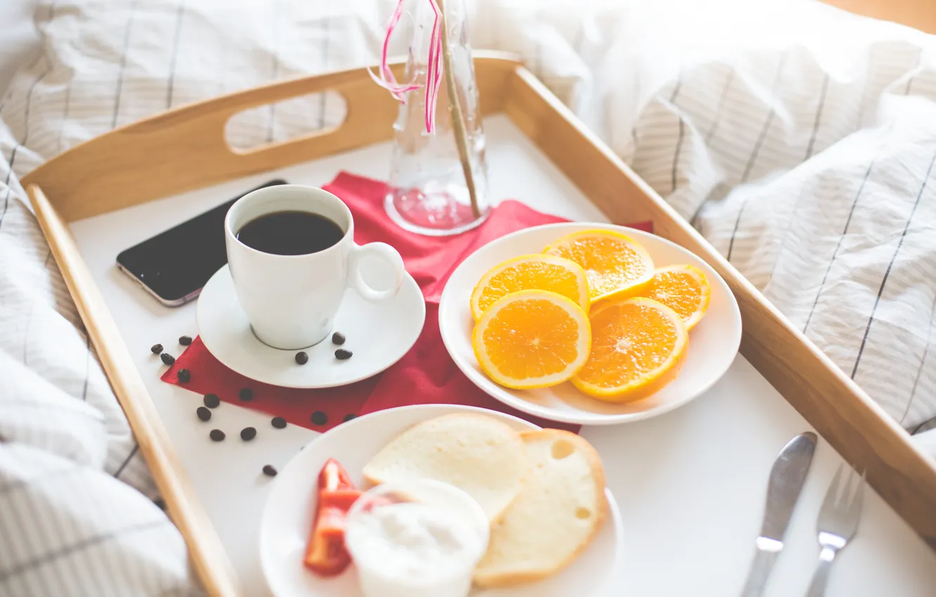 Фото обои кофе, апельсин, завтрак, телефон, iphone, дольки, поднос