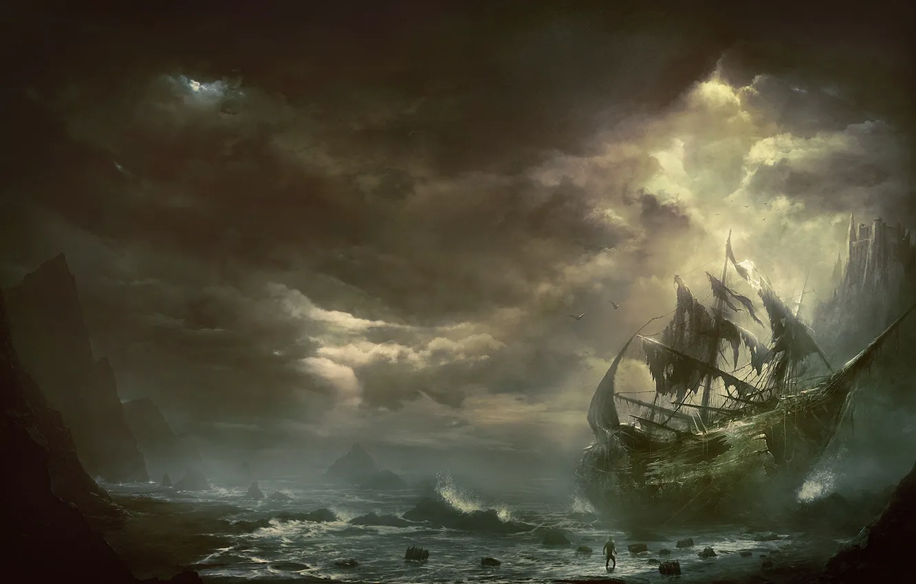Фото обои море, горы, тучи, человек, корабль, парусник, арт, кораблекрушение