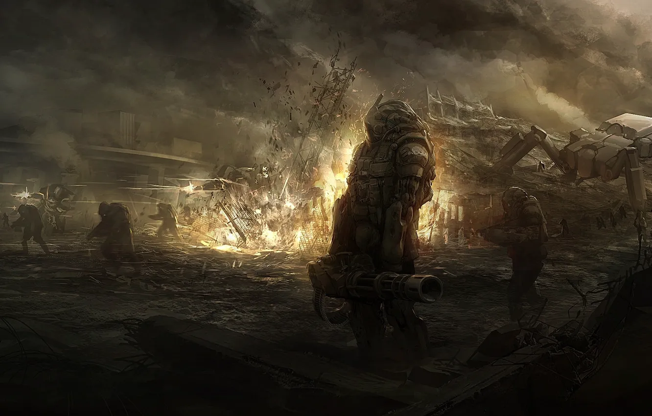 Фото обои взрыв, оружие, огонь, робот, арт, солдаты, броня, руины