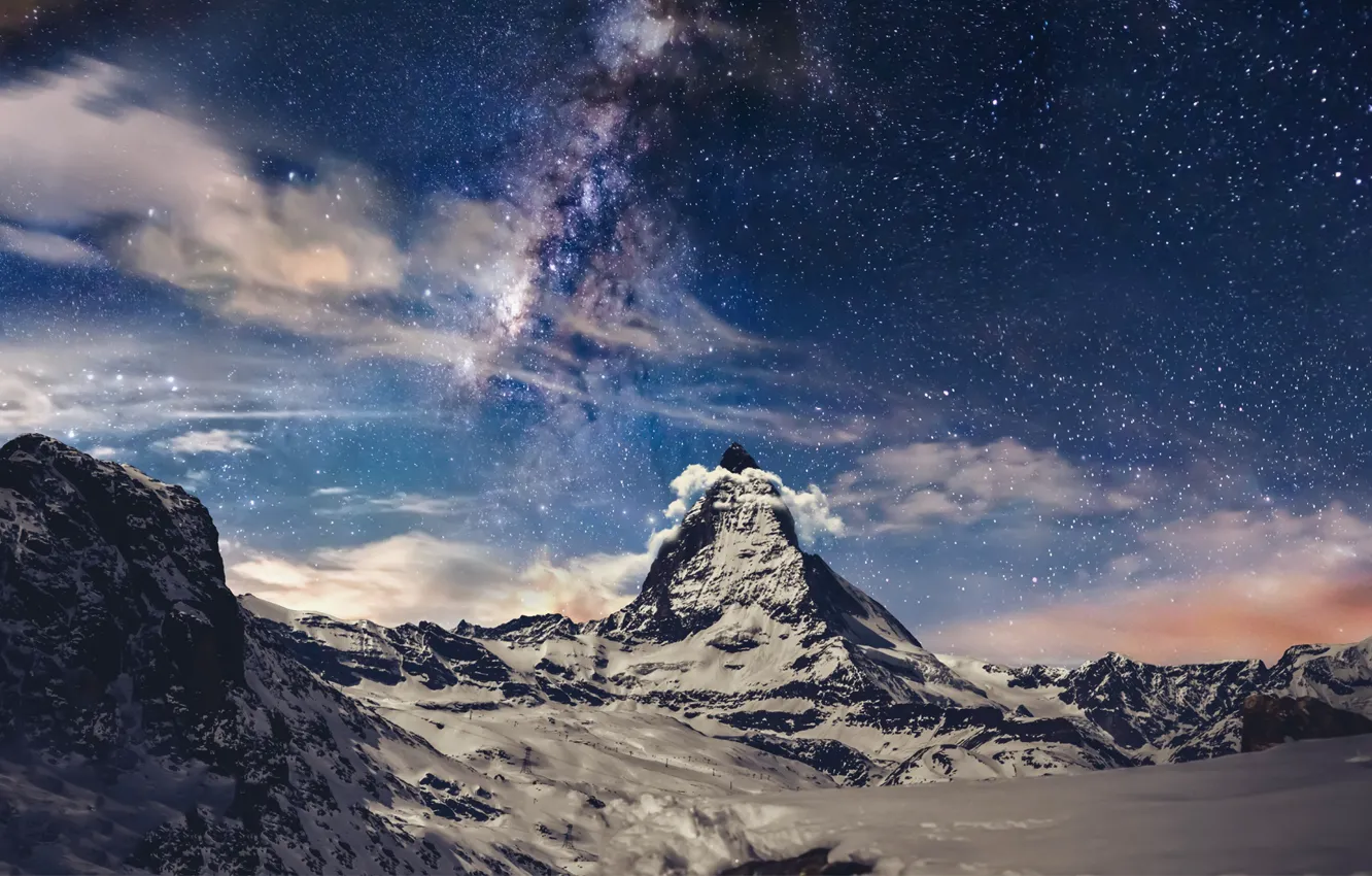 Фото обои звезды, горы, ночь, вершины, The Matterhorn peak in Switzerland