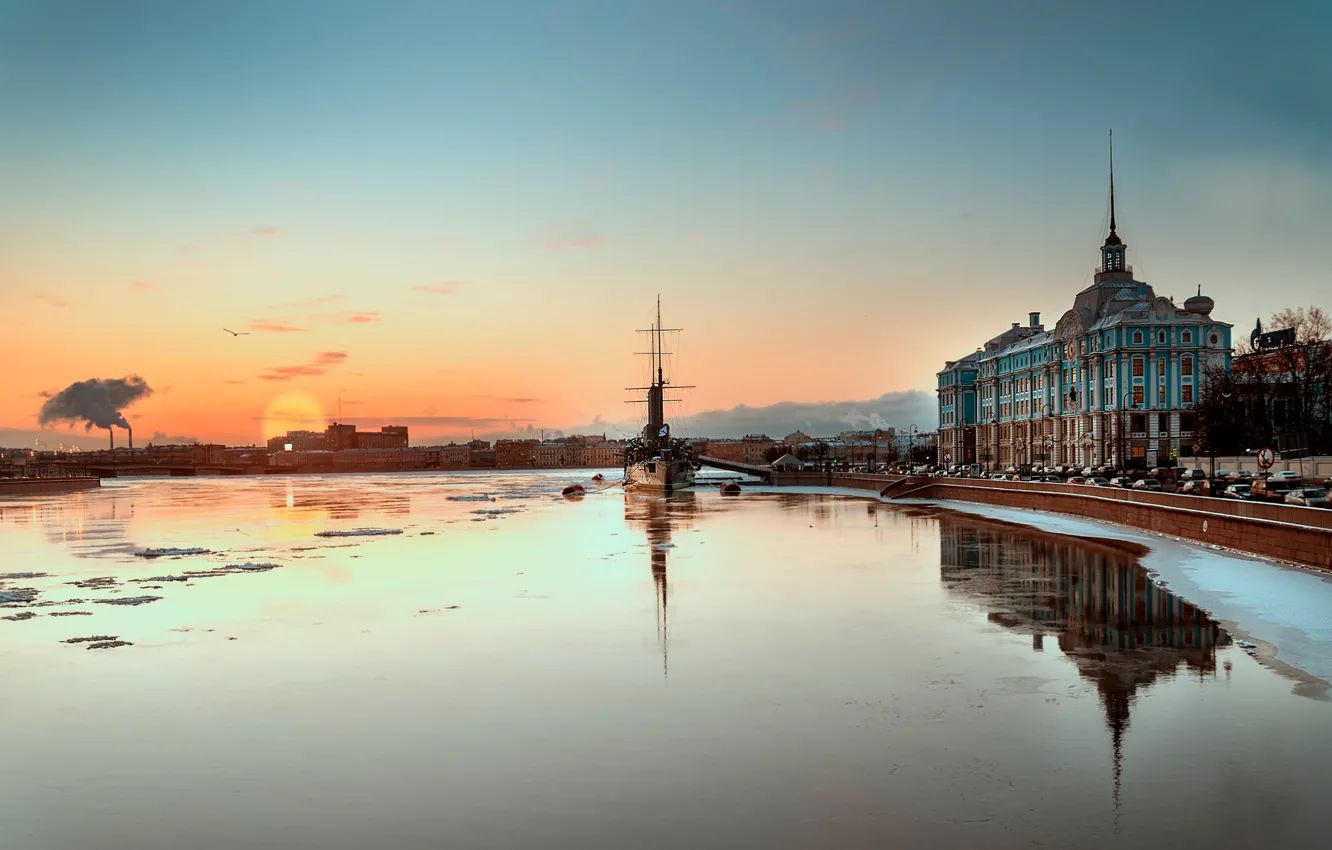 Фото обои утро, Санкт-Петербург, Аврора, крейсер