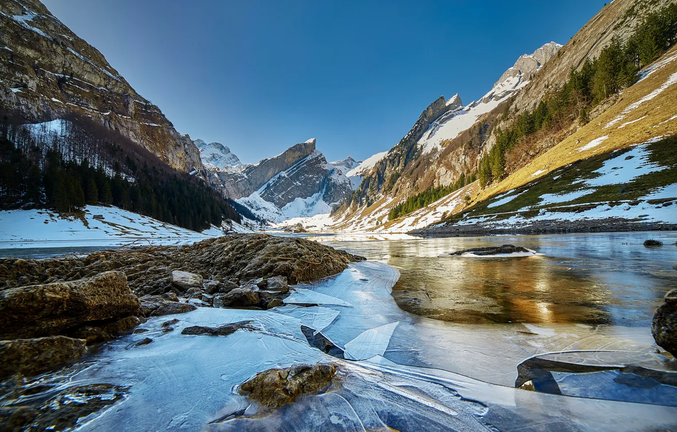 Фото обои Winter, Switzerland, River, Valley, Glacier, Appenzell