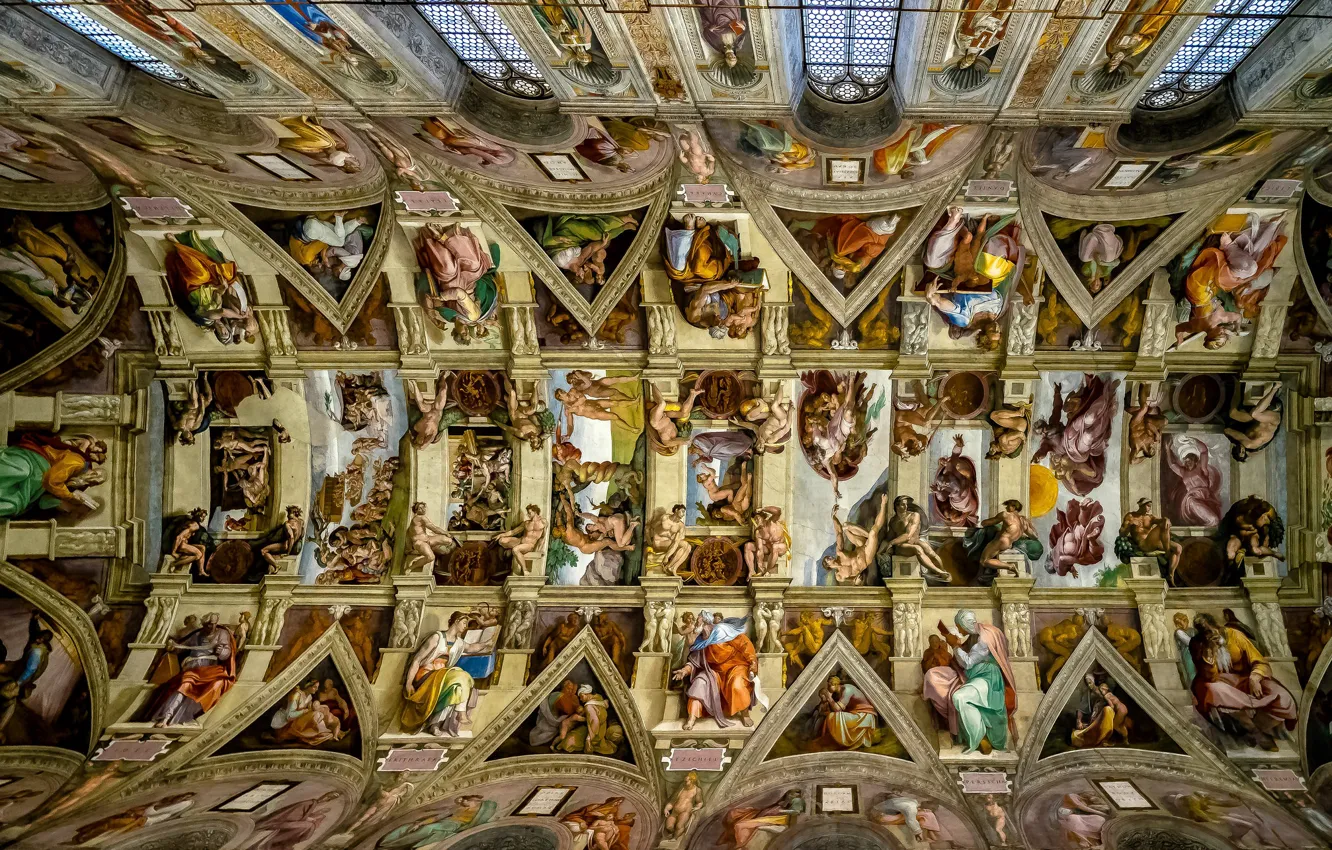 Фото обои потолок, Микеланджело, Ватикан, Сикстинская капелла, Возрождение, фрески