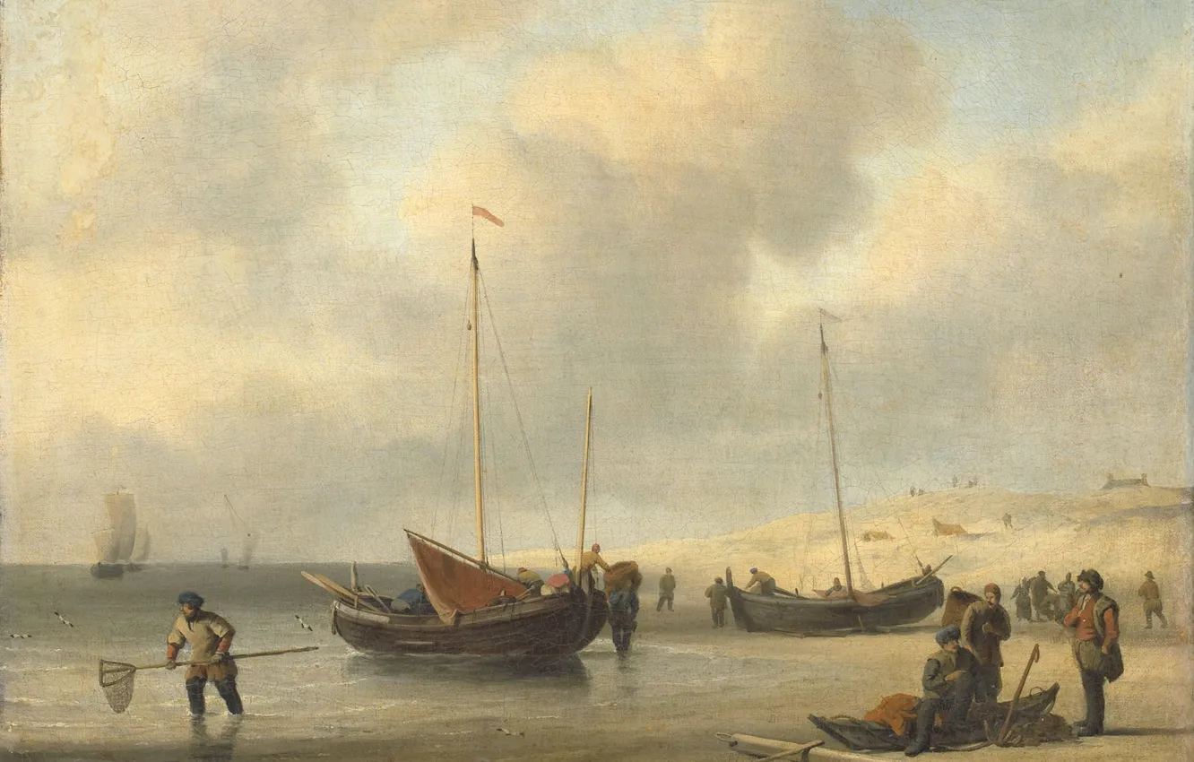 Фото обои люди, берег, масло, картина, холст, Виллем ван де Велде Младший, Рыбацкие Лодки на Пляже, Willem …