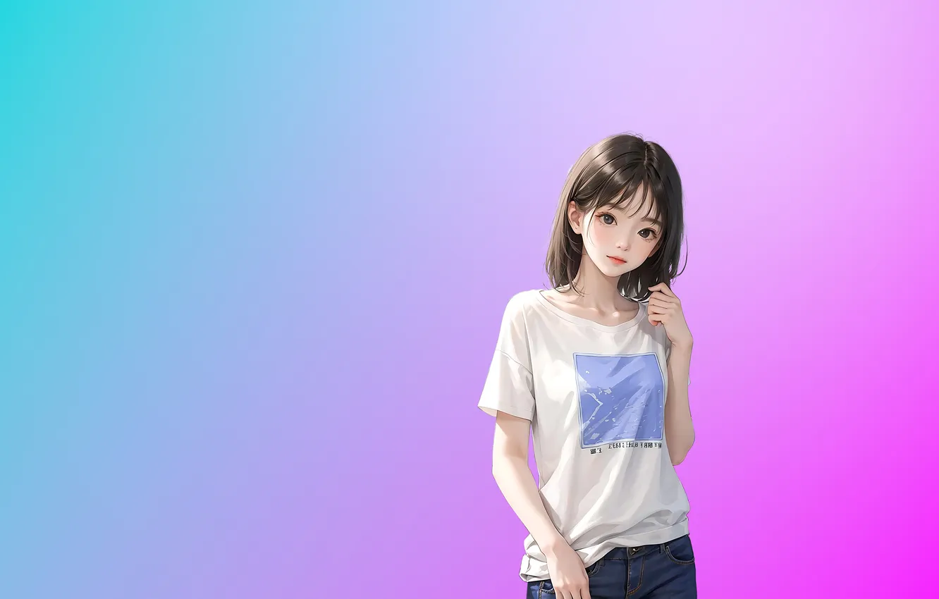 Фото обои animation, Asian, minimalism, women, gradient, simple background, looking at viewer