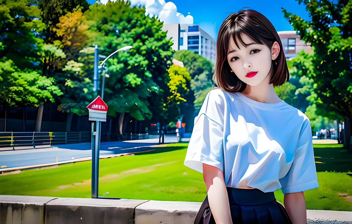 Фото обои Asian, sky, trees, park, short hair, clouds, women, digital art