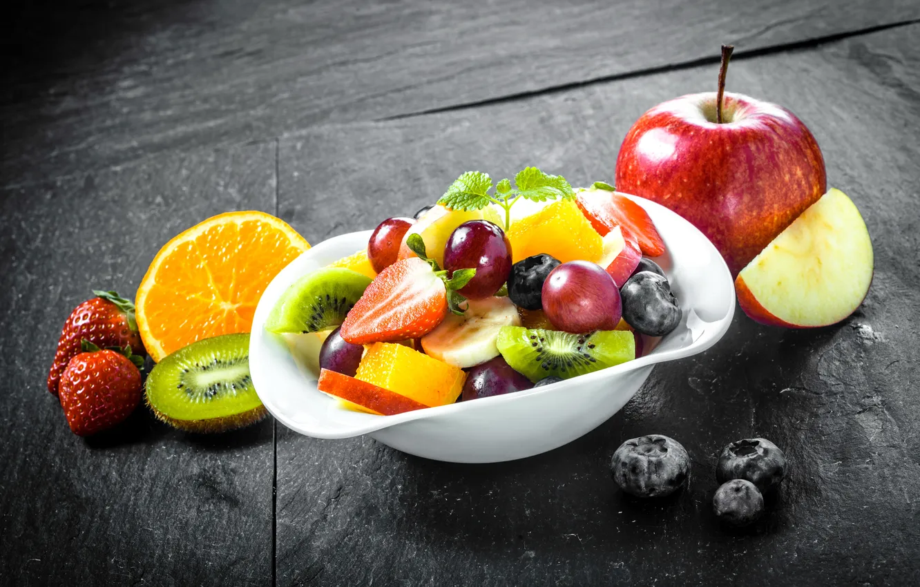 Фото обои apple, яблоко, апельсин, киви, клубника, виноград, фрукты, grape