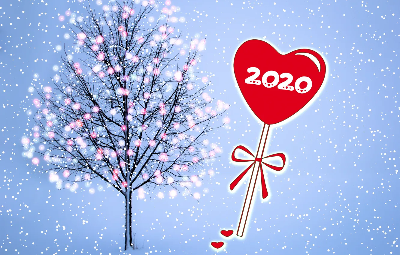 Фото обои снег, дерево, Новый год, гирлянда, сердечко, 2020