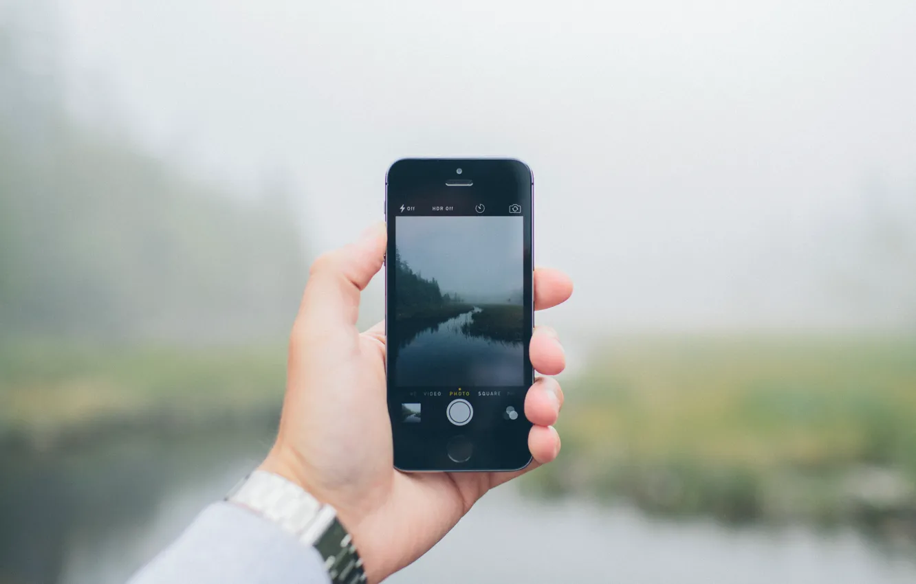 Фото обои пейзаж, туман, отражение, река, ручей, фотография, iPhone, часы