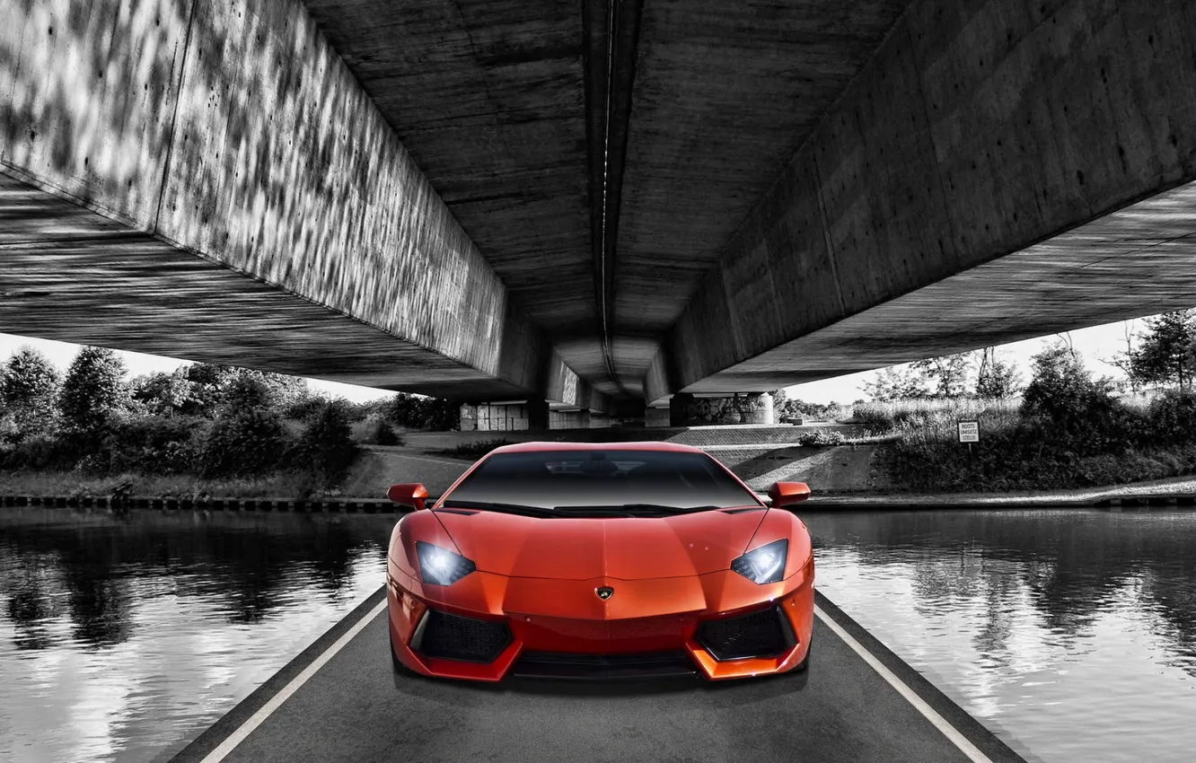 Фото обои Lamborghini, Оранжевая, Ламборджини, Orange, Front, Суперкар, LP700-4, Aventador