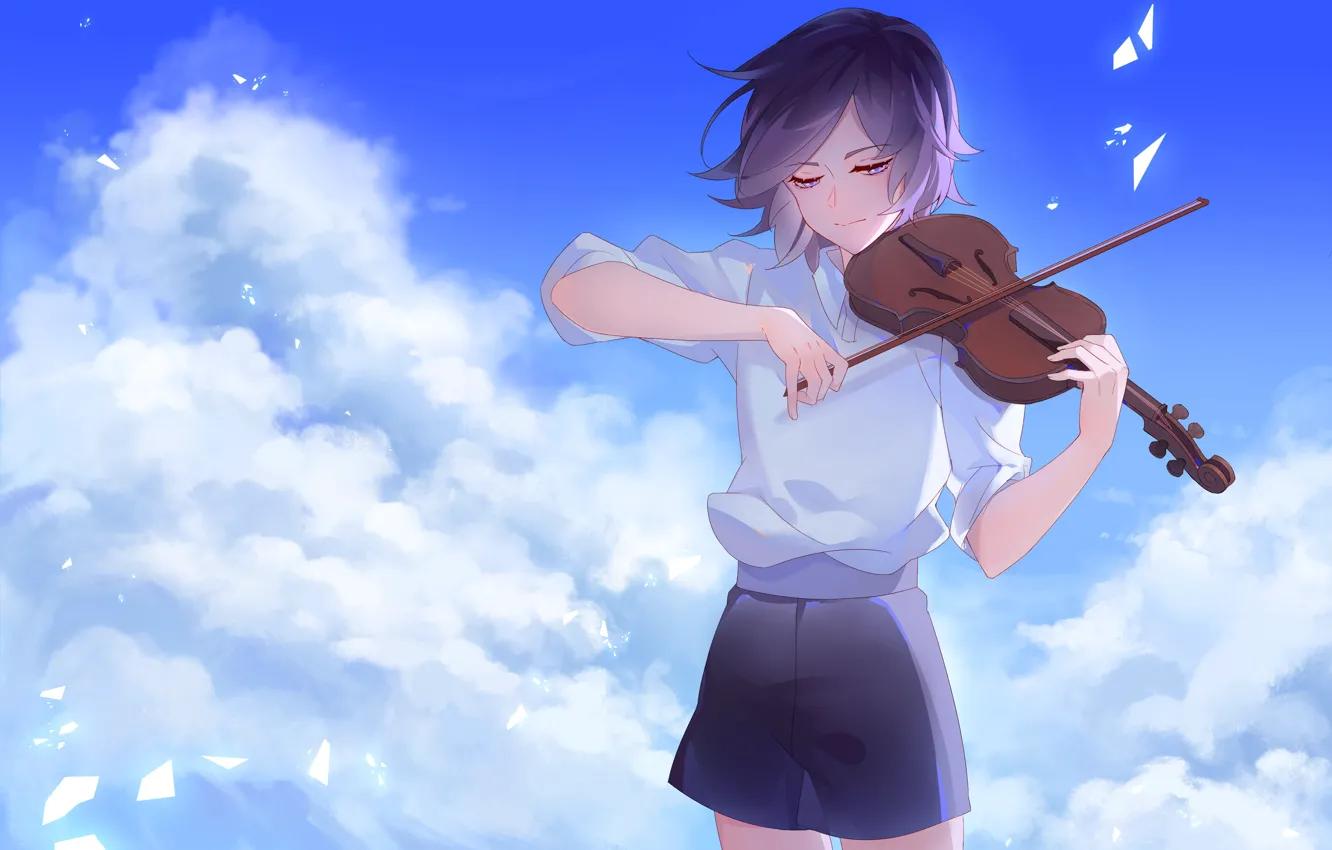 Фото обои небо, скрипка, мальчик