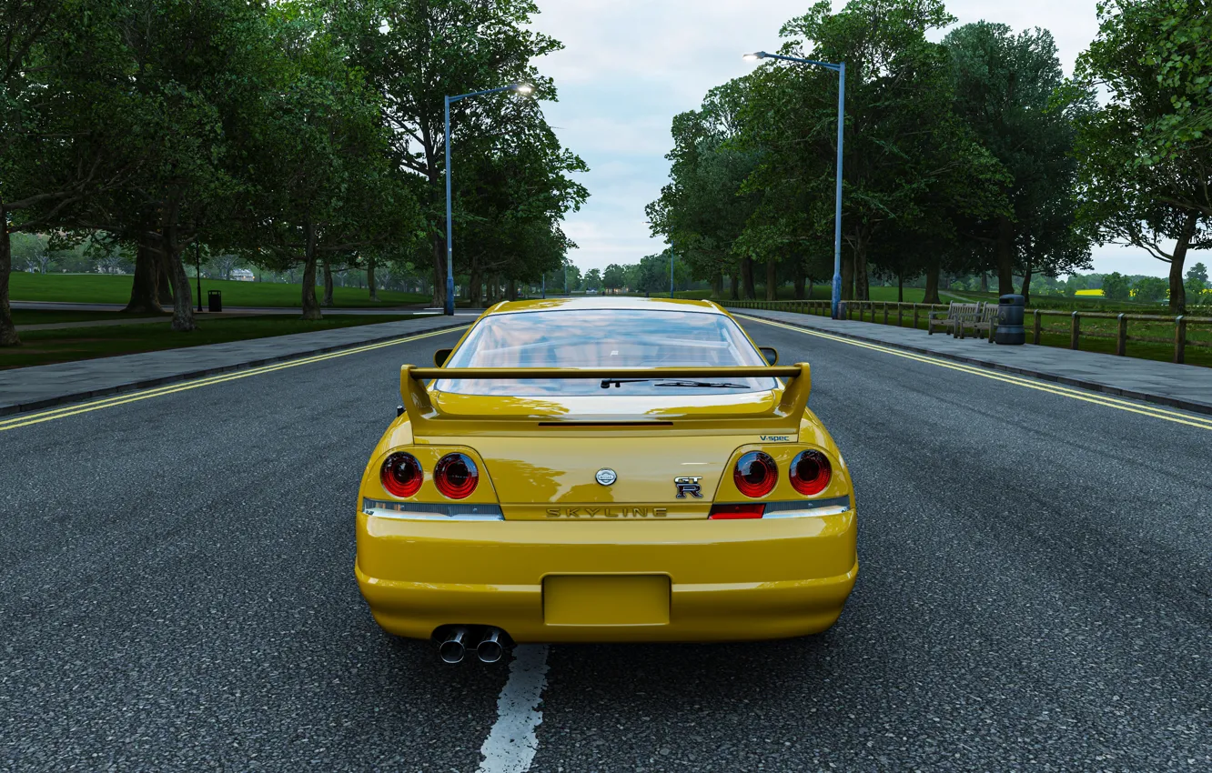 Фото обои nissan, london, road, yellow, nissan skyline, england, forza, nissan gtr