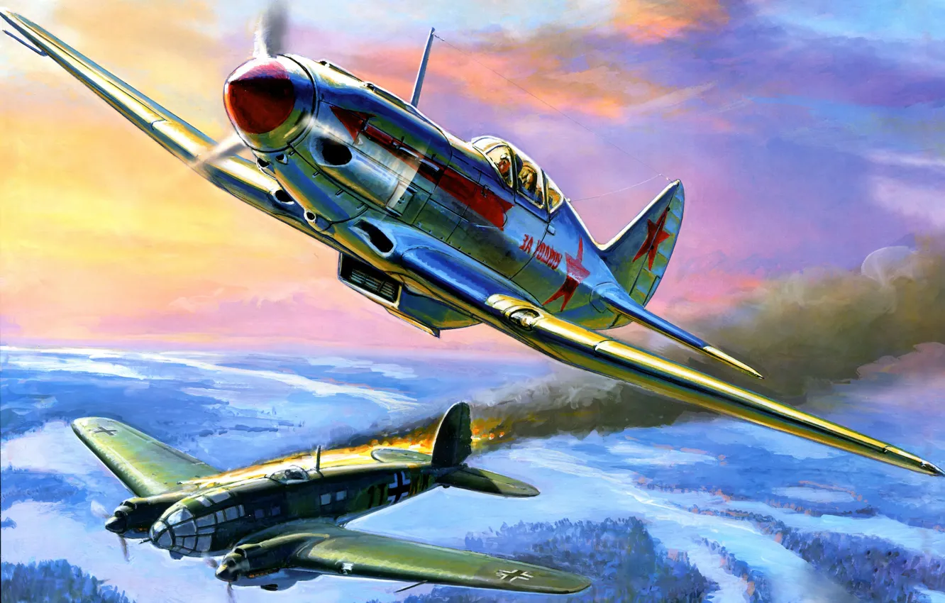Фото обои небо, война, рисунок, истребитель, бомбардировщик, самолёты, подбитый, немецкий