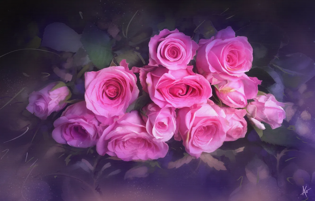 Фото обои цветы, розы, букет, текстура, размытость