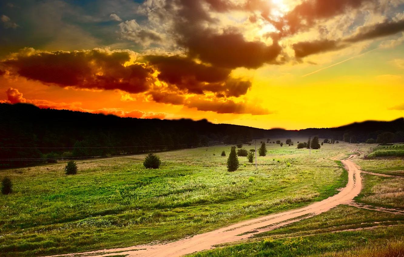 Фото обои дорога, поле, лес, небо, трава, солнце, облака, деревья
