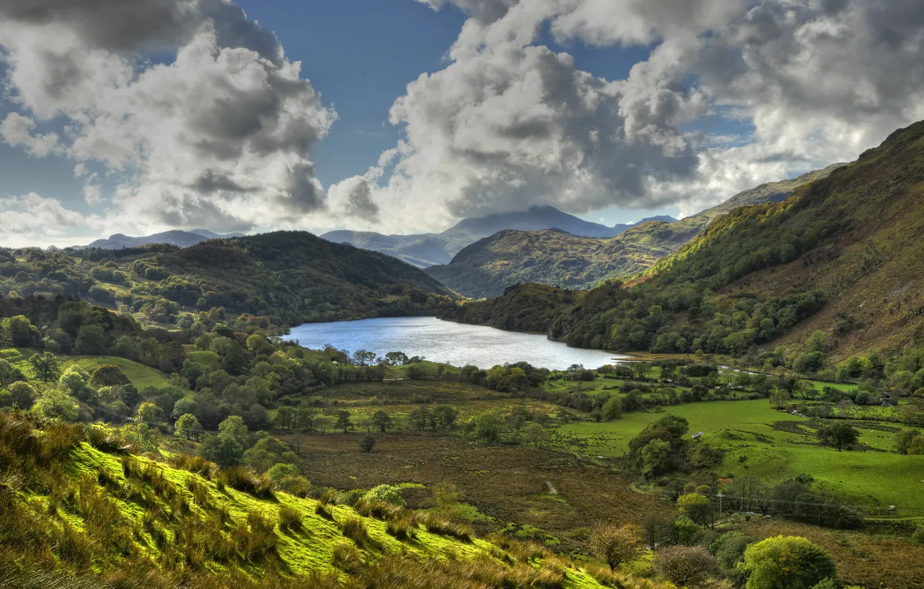 Фото обои небо, деревья, горы, озеро, поля, Англия, долина, Nant Gwynant