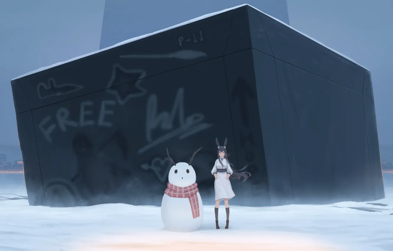 Фото обои зима, девушка, снег, кролик, снеговик, ящик, ушки