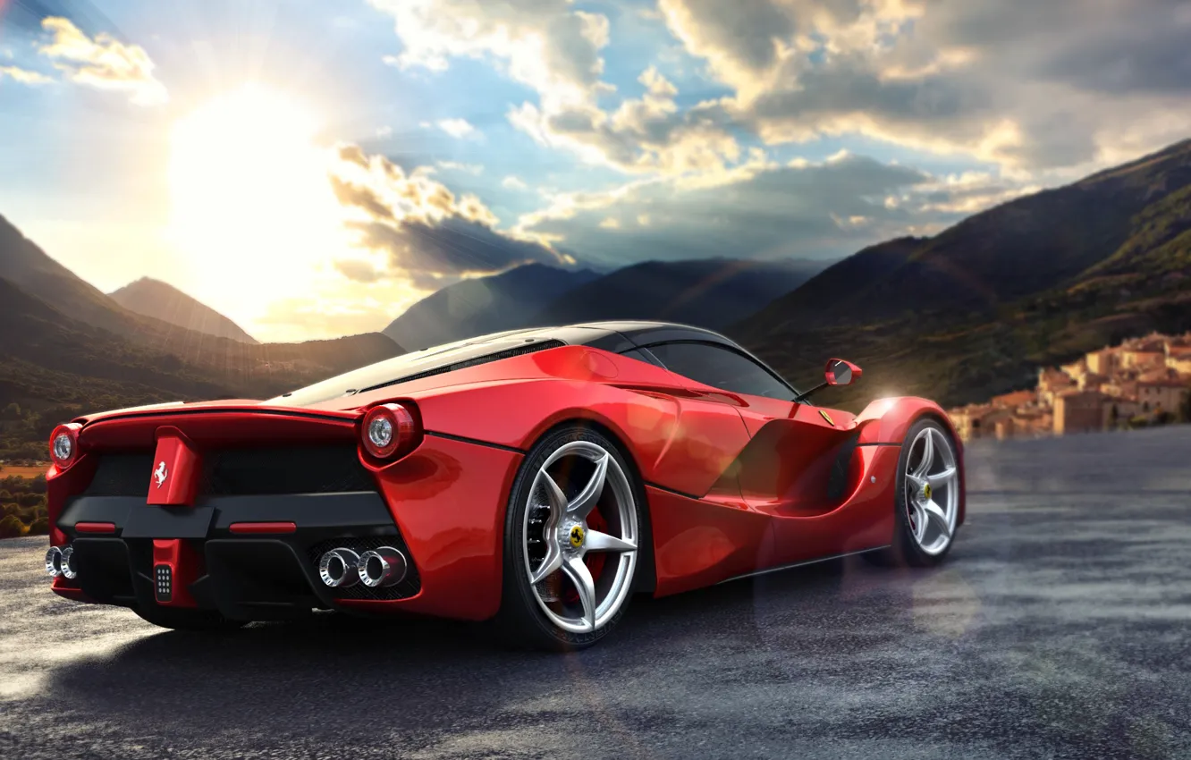 Фото обои дорога, солнце, горы, фары, вид, Ferrari, Ферари, колёса