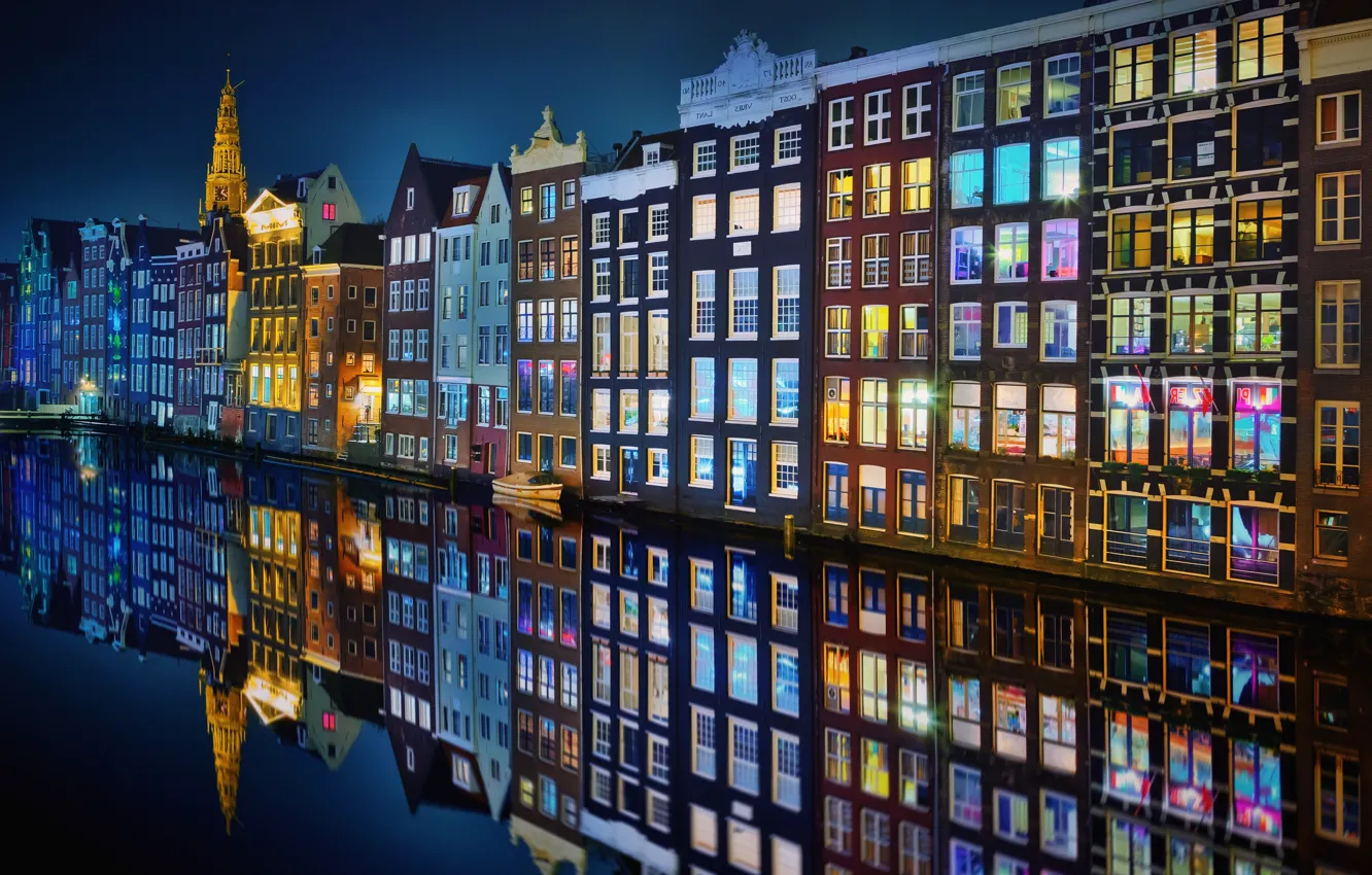 Фото обои ночь, город, огни, Амстердам