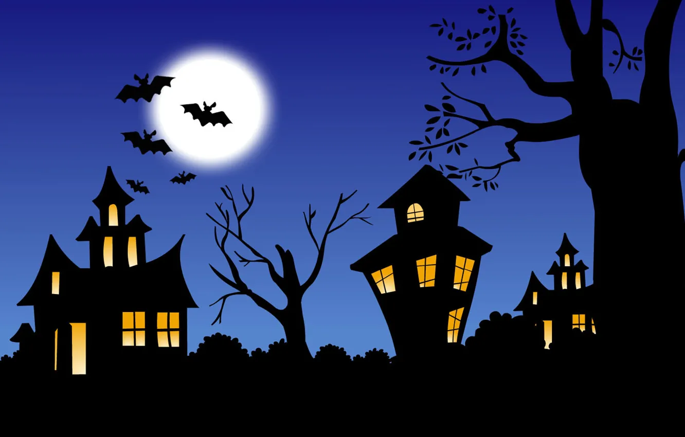 Фото обои ночь, замок, луна, Хеллоуин, летучие мыши