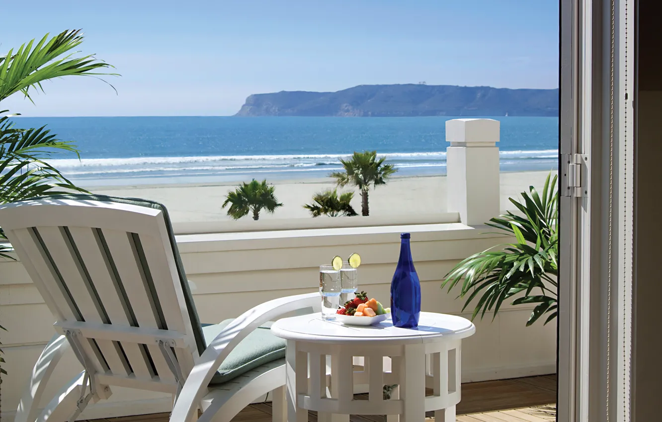Фото обои океан, вилла, вид, кресло, Калифорния, столик, терраса