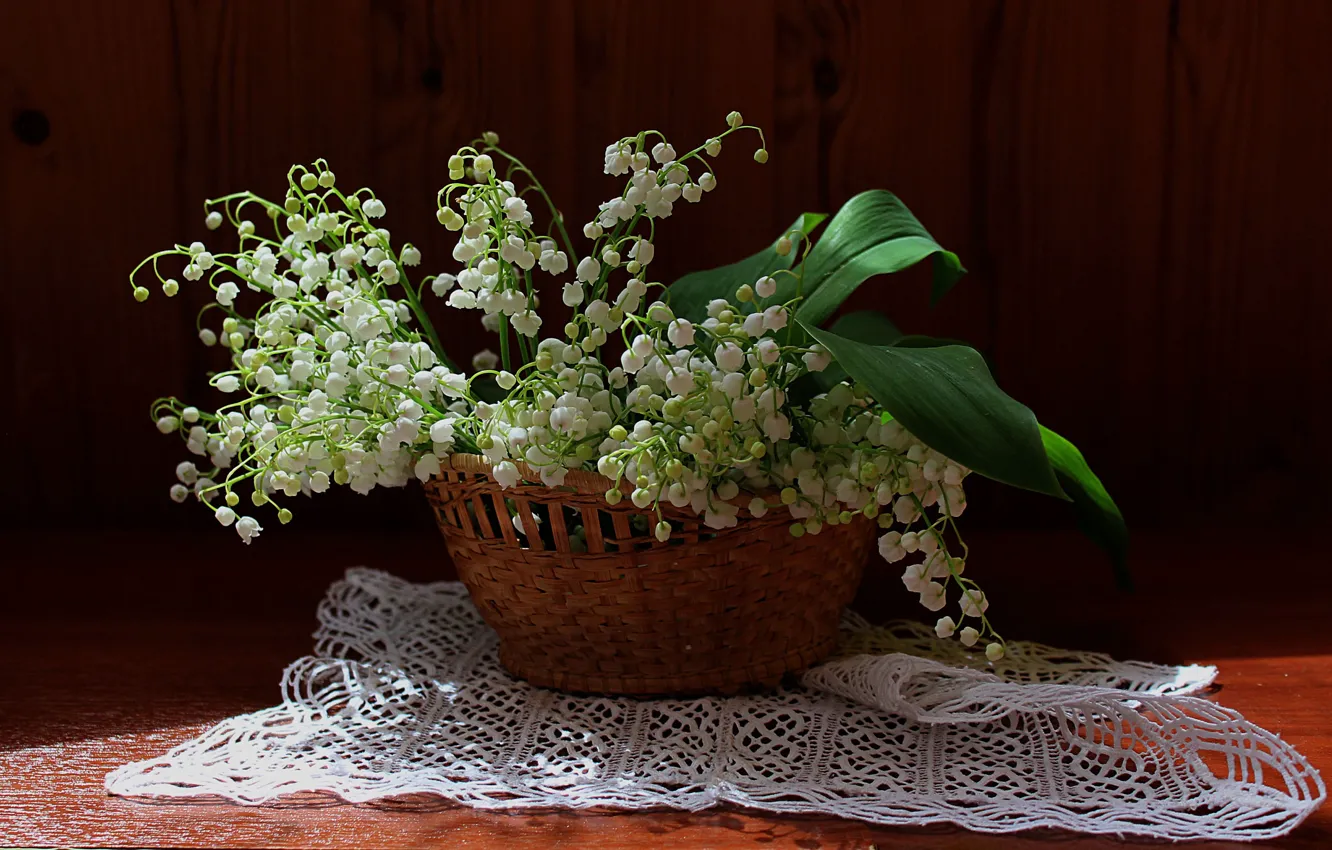 Фото обои цветы, корзинка, ландыши