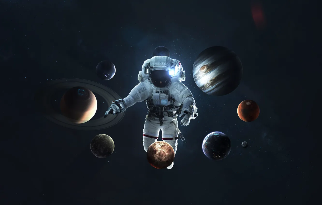 Фото обои Сатурн, Луна, Космос, Земля, Планеты, Астронавт, Космонавт, Moon