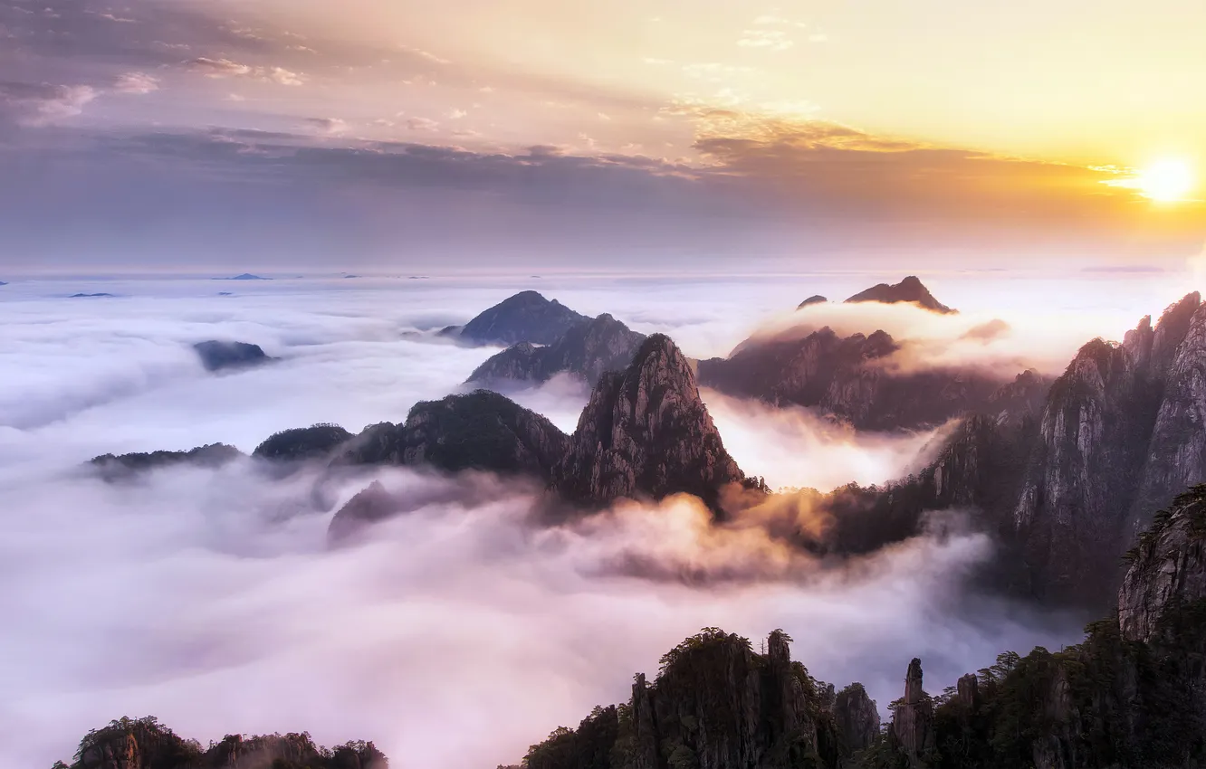 Фото обои China, Китай, Anhui, Аньхой, гора Хуаншань, Huangshan Mountain, Море облаков, Sea of Clouds