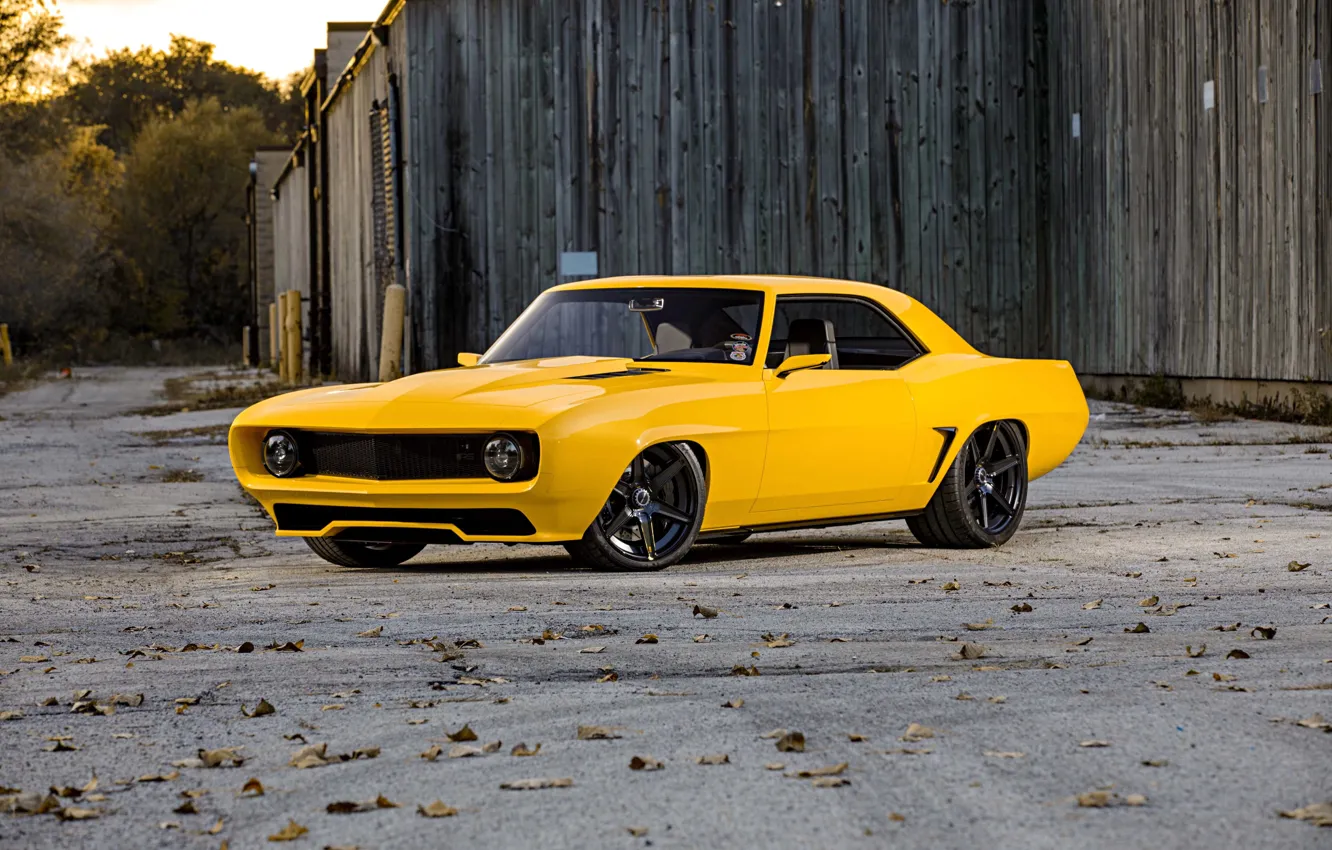 Фото обои Chevrolet, 1969, Camaro, Front, Yellow, Side, Muscle Car, Front and Side