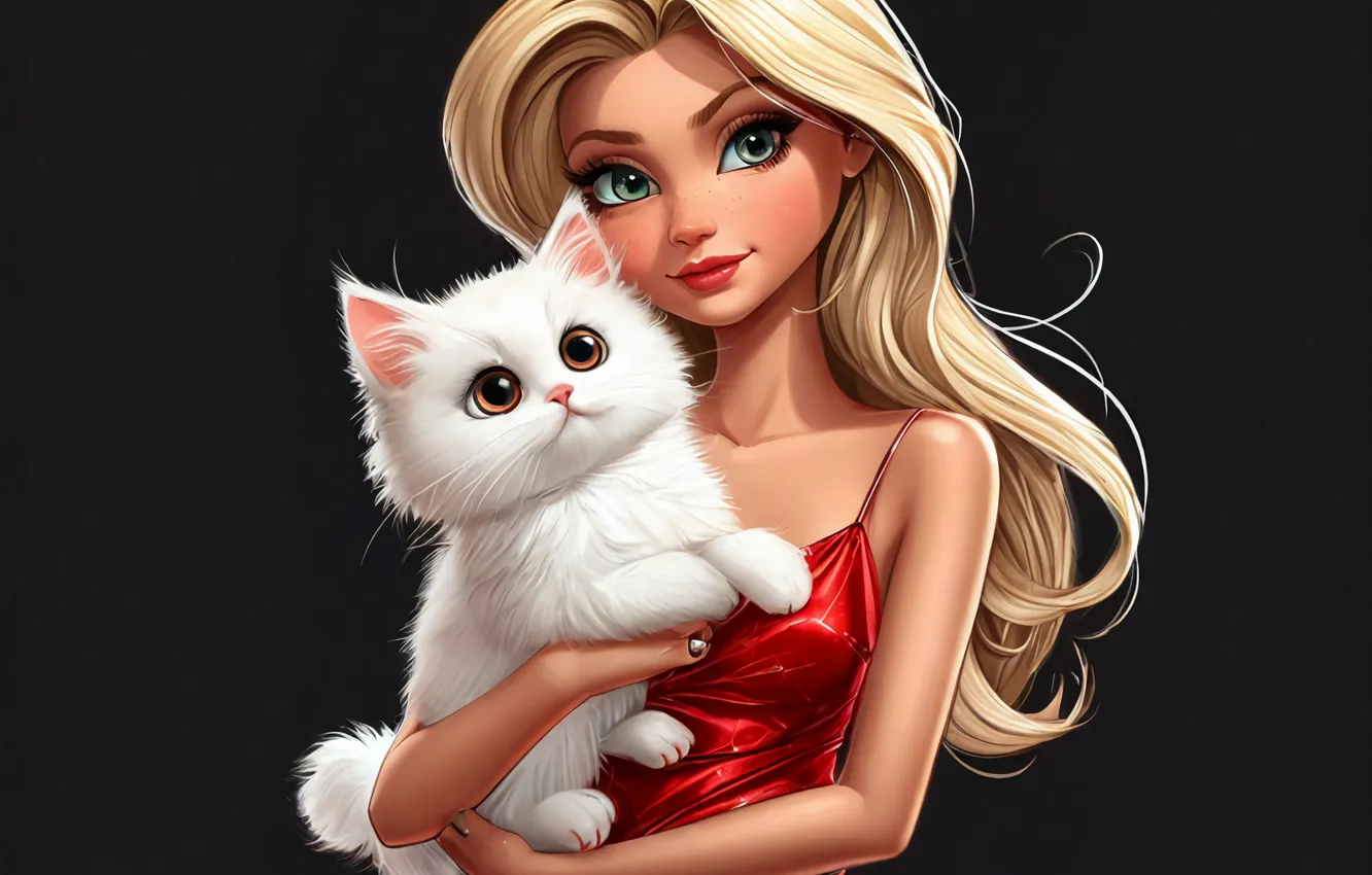Фото обои Девушка, Девушки, Кошка, Блондинка, Кот, Мульт, Красное платье, Белая кошка