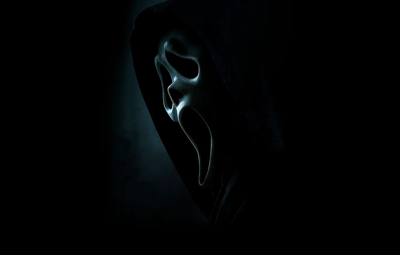 Фото обои фигура, маска, капюшон, черный фон, Крик, постер, Scream