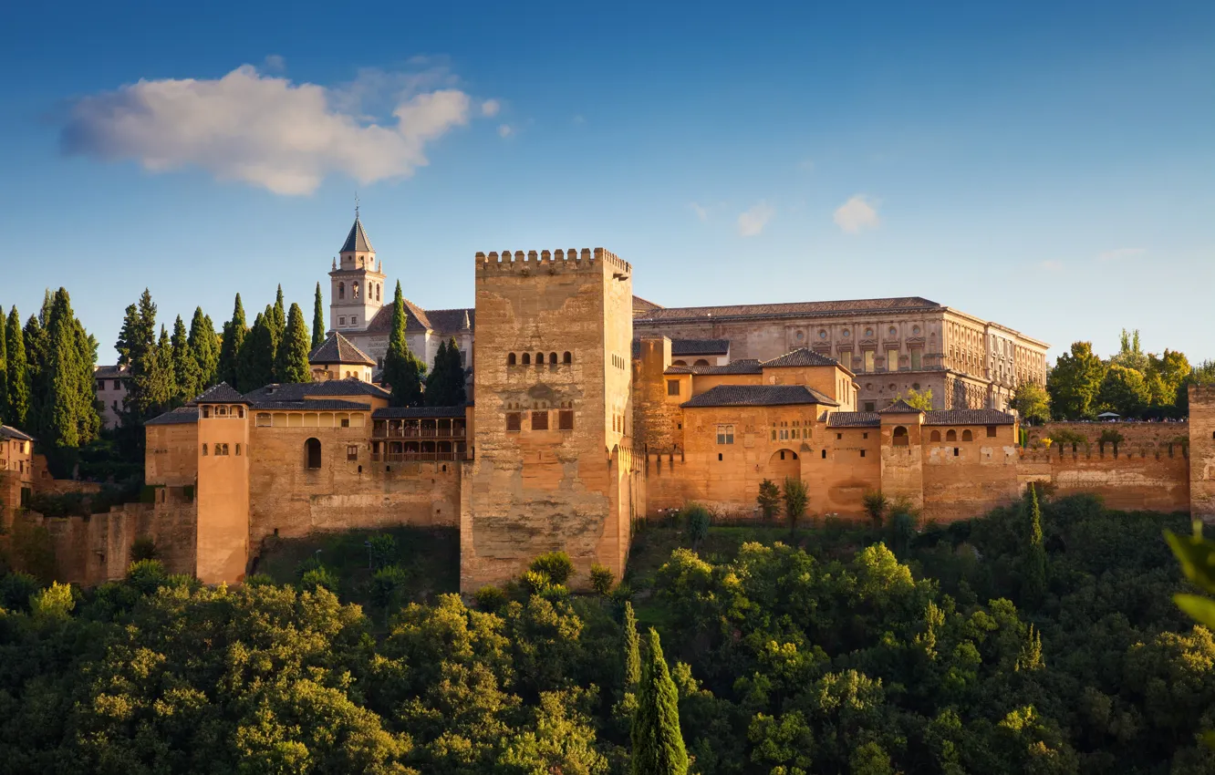 Фото обои небо, солнце, деревья, стена, башни, крепость, Испания, Alhambra
