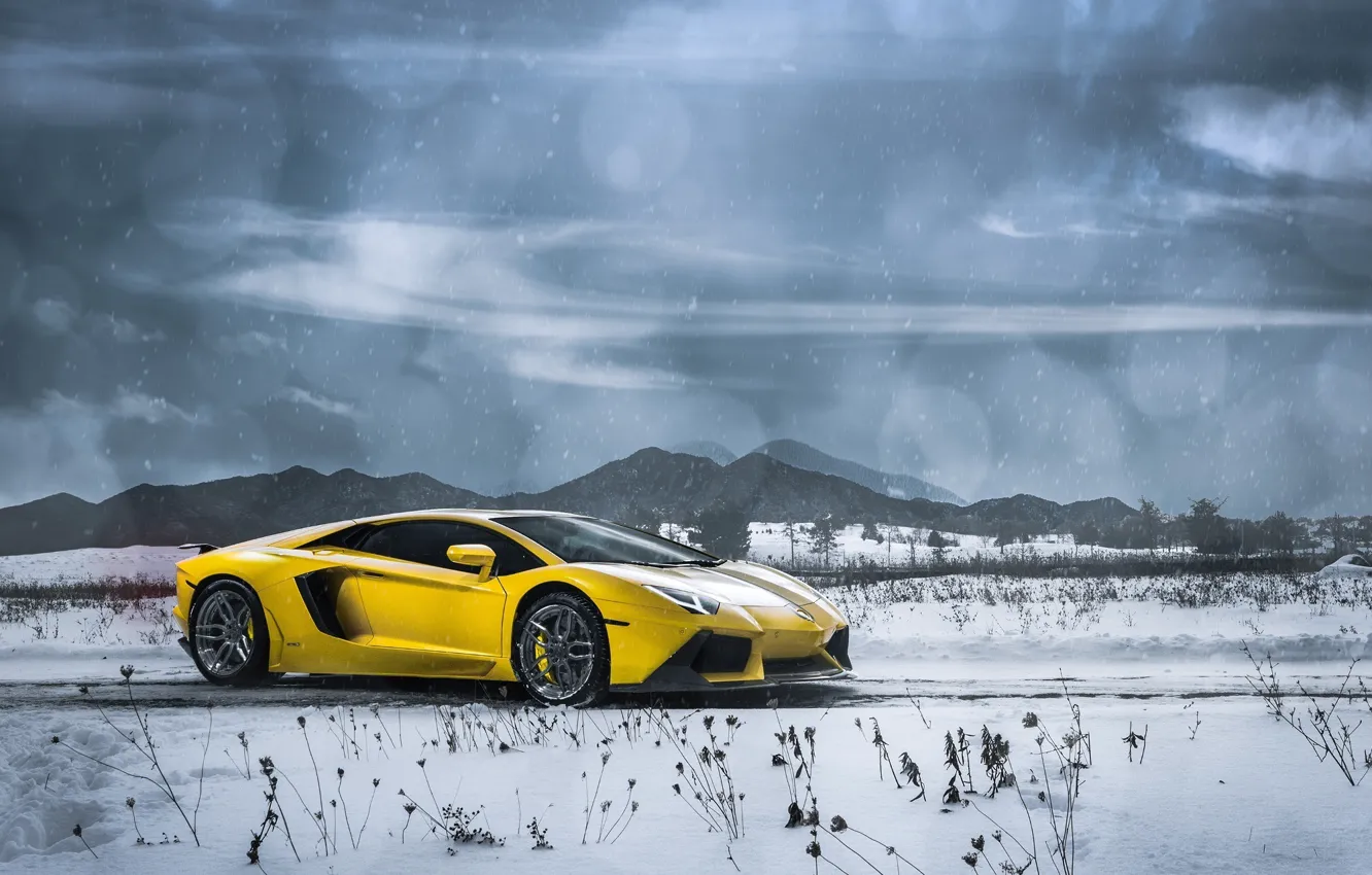 Фото обои Lamborghini, Clouds, Front, Snow, Yellow, LP700-4, Aventador, Supercars