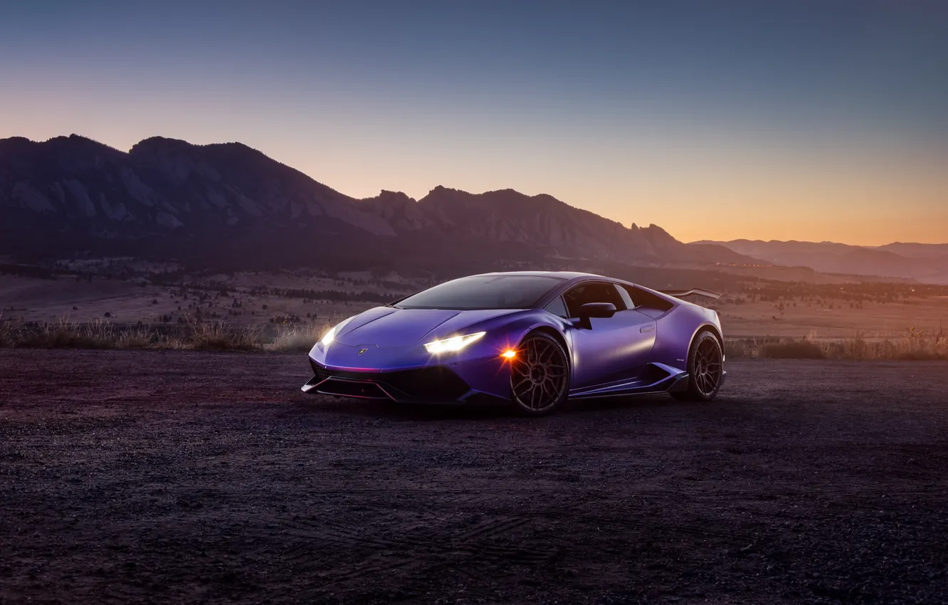 Фото обои закат, фары, вечер, Lamborghini, суперкар, sunset, purple, Huracan