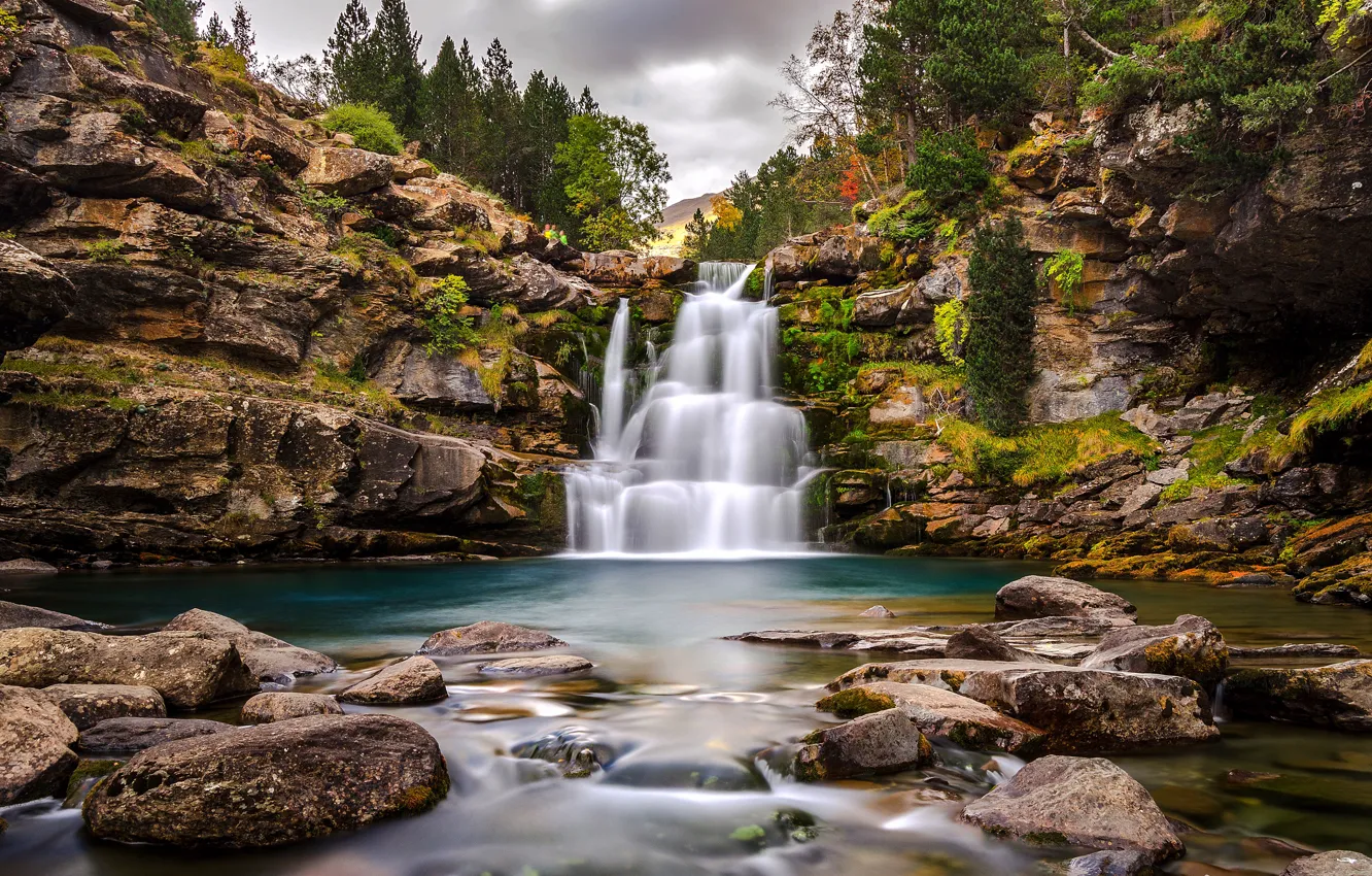 Фото обои осень, река, камни, скалы, водопад, Испания, каскад, Spain
