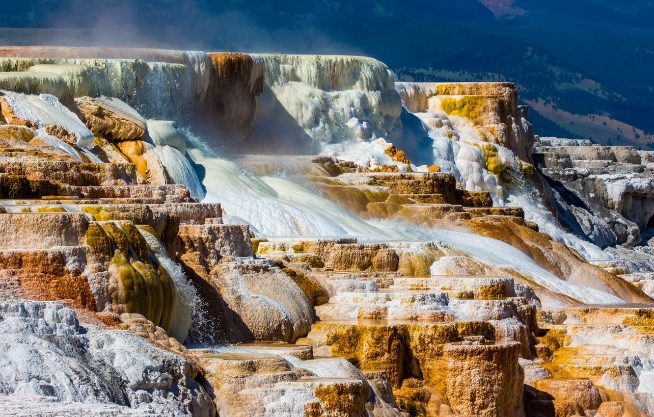 Фото обои горы, камни, скалы, водопад, поток, желтые, ступени, водопады