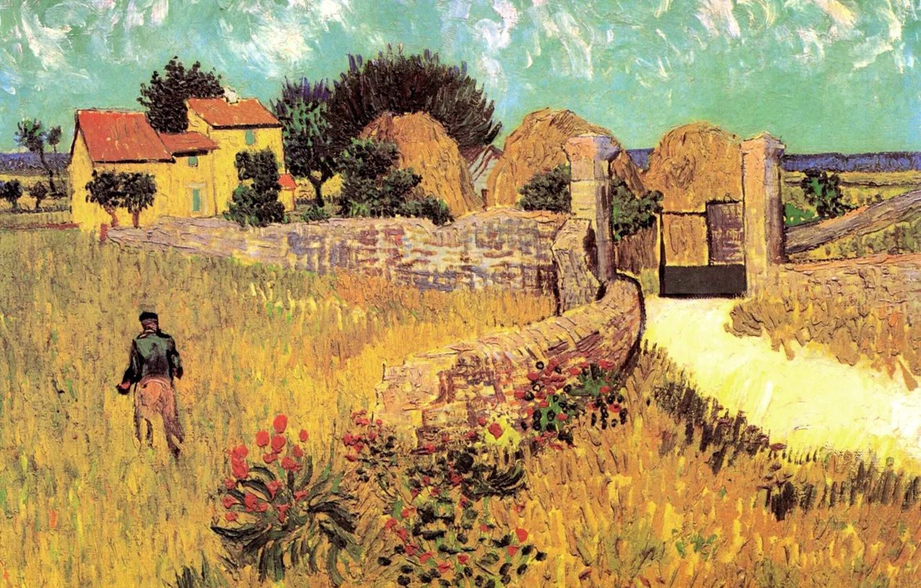 Фото обои цветы, дом, ворота, мужчина, Винсент ван Гог, Farmhouse, in Provence