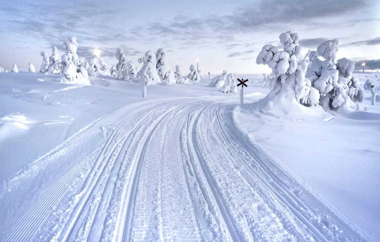Фото обои Зима, Снег, Дороги, Финляндия, Лапландия