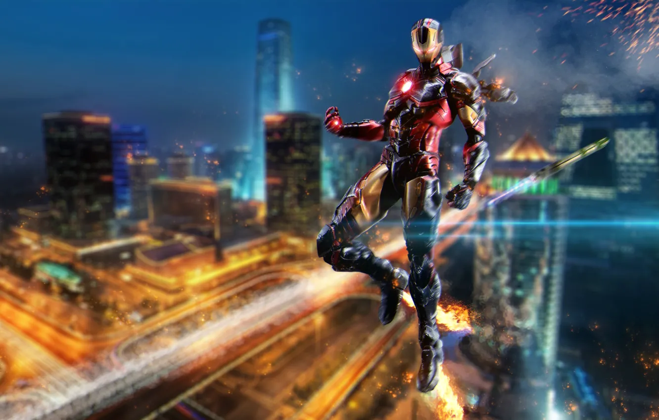Фото обои костюм, Железный человек, комиксы, супергерой, night, marvel, Iron Man, comics