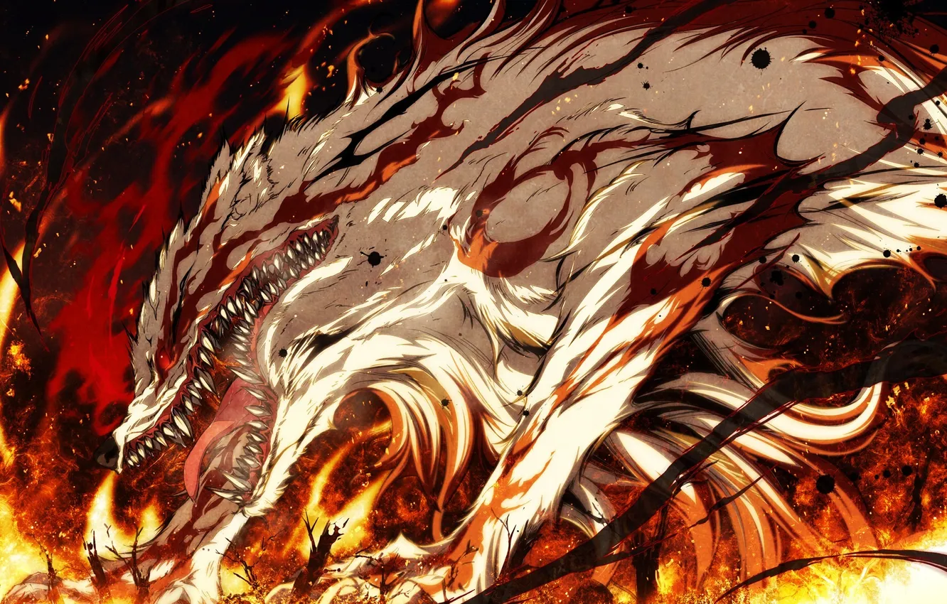Фото обои огонь, животное, демон, арт, клыки, g yuusuke, kajiri kamui kagura