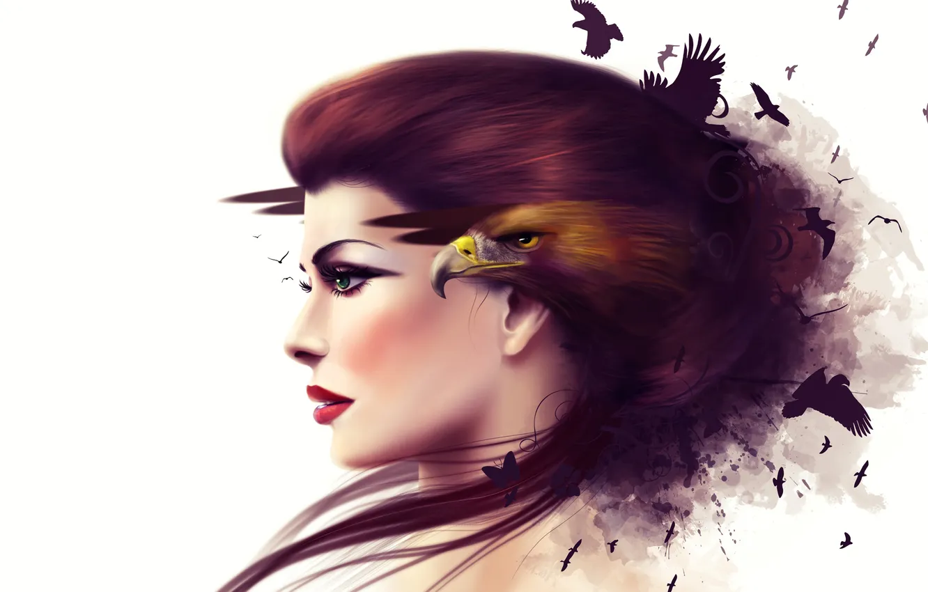 Фото обои взгляд, девушка, птицы, ресницы, волосы, макияж, белый фон, профиль