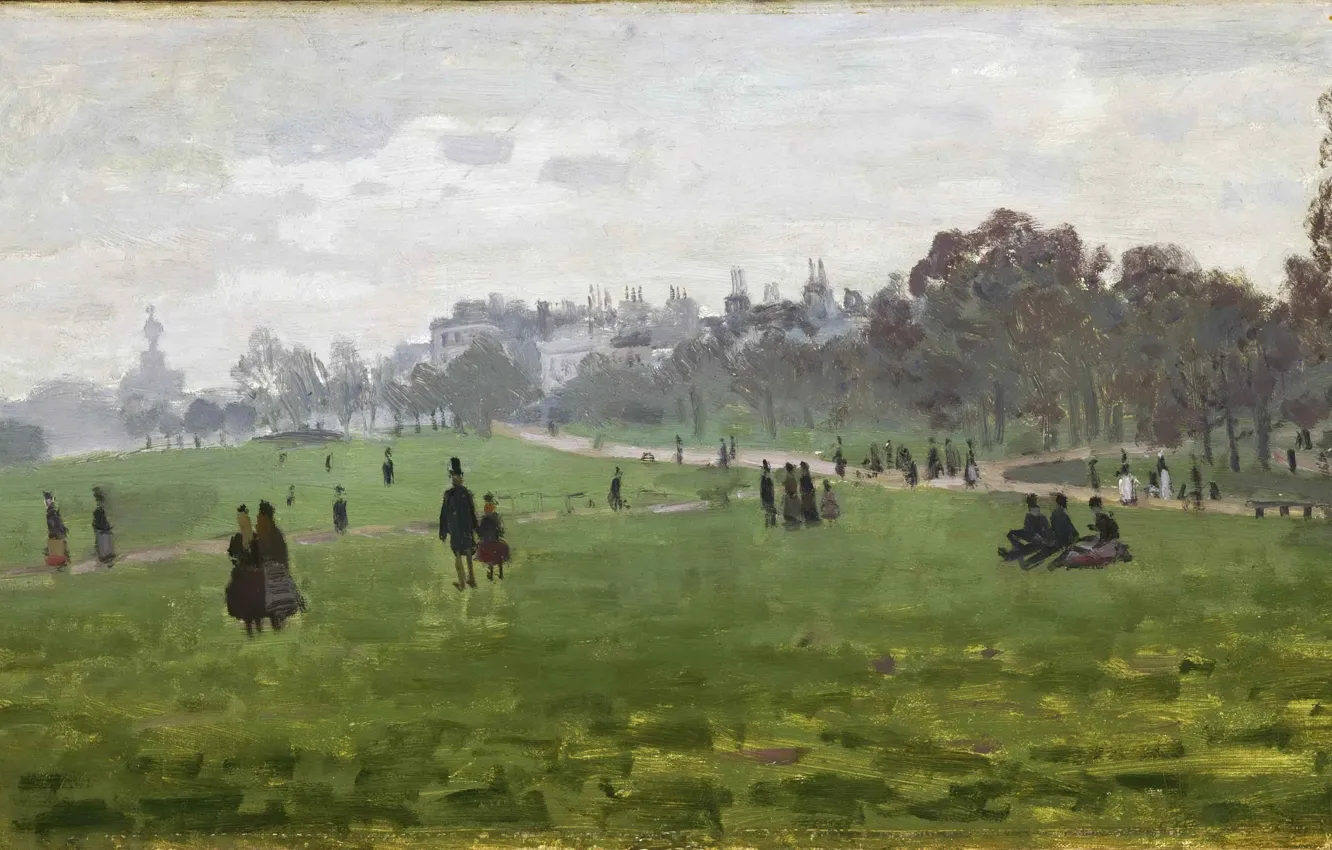 Фото обои трава, деревья, парк, люди, отдых, лондон, картина, прогулка