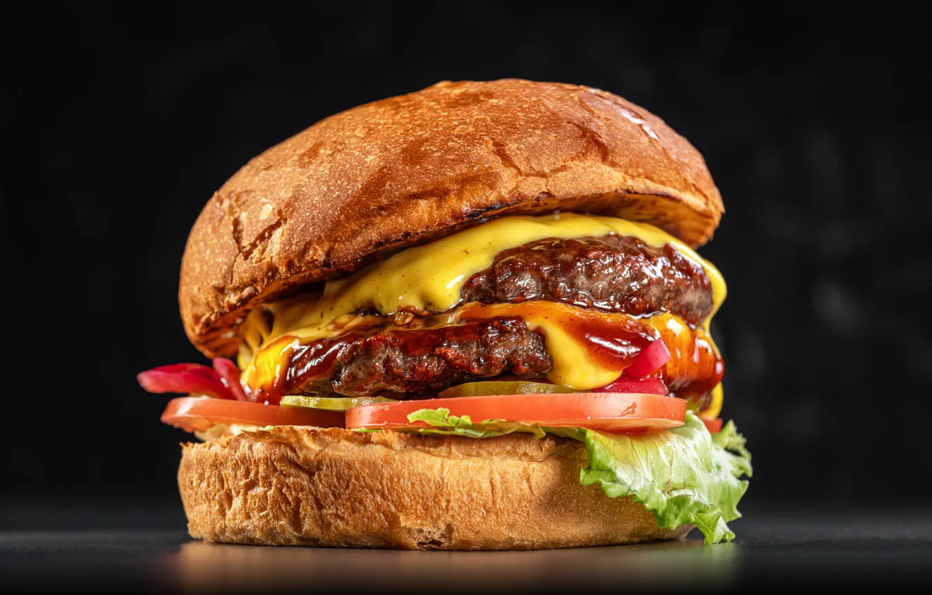 Фото обои plate, food, double, cheese, hamburger, fast, burger, cheeseburger