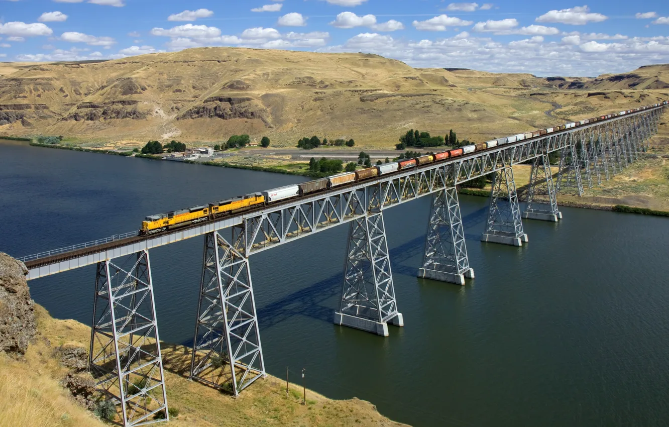 Фото обои мост, поезд, канал, состав