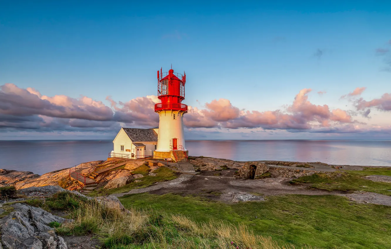 Фото обои море, вода, облака, закат, побережье, маяк, Норвегия, Norway
