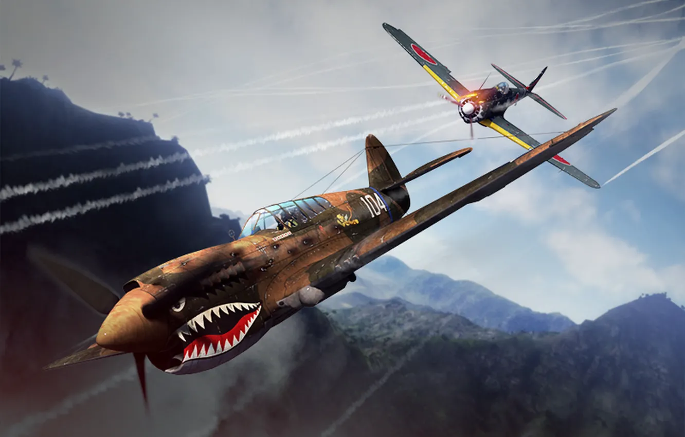 Фото обои горы, огонь, P-40 Kittyhawk, Ki-43