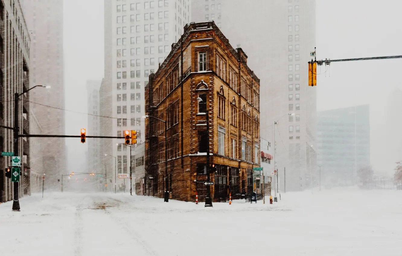 Фото обои зима, снег, город, дома, США, улицы, пурга
