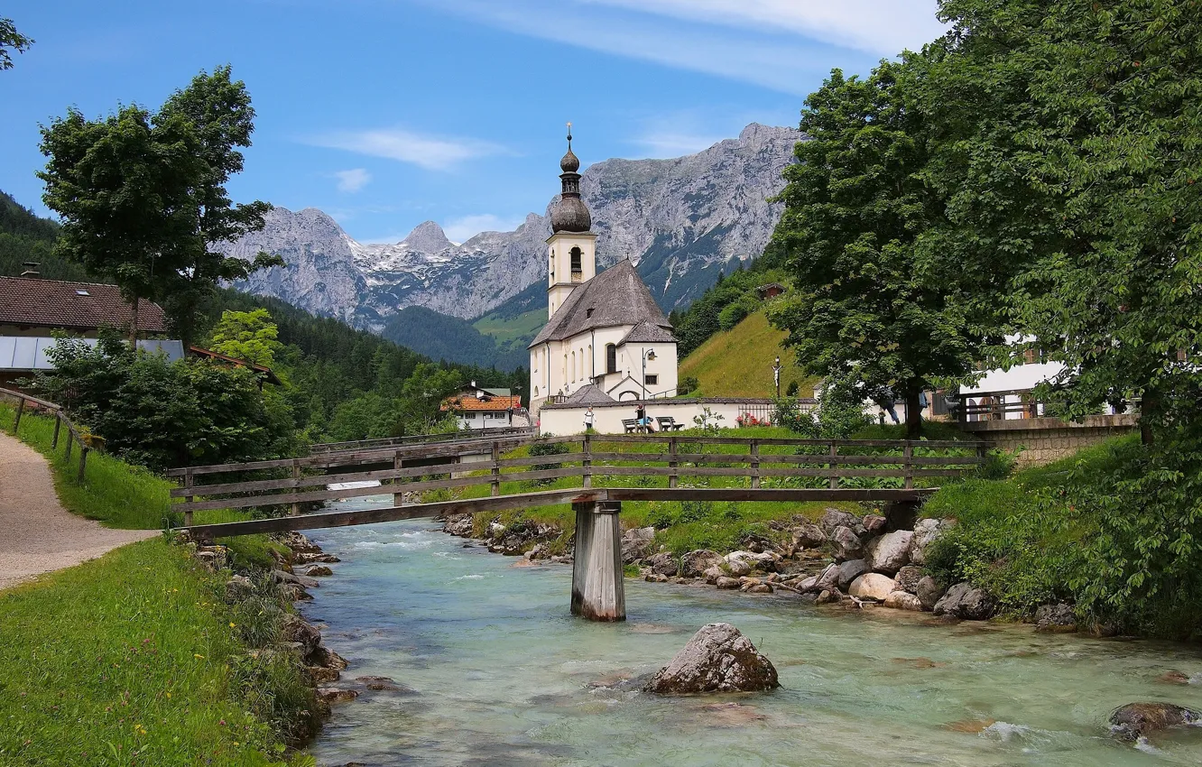 Фото обои горы, мост, река, Германия, Бавария, Альпы, церковь, Germany