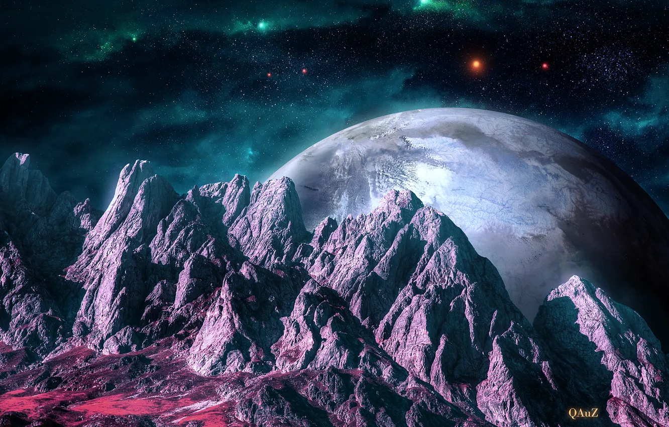 Фото обои космос, звезды, горы, туманность, ландшафт, планеты, арт, рельеф