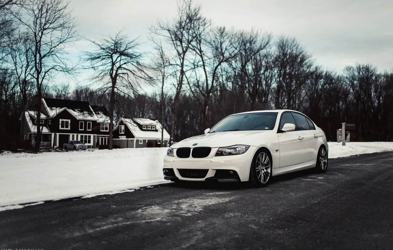 Фото обои зима, белый, снег, бмв, BMW, white, E90, 3 серия